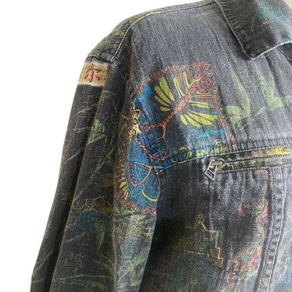 Chico's Blue Jean Jacket with Multicolor Patches - Picture 3 of 9